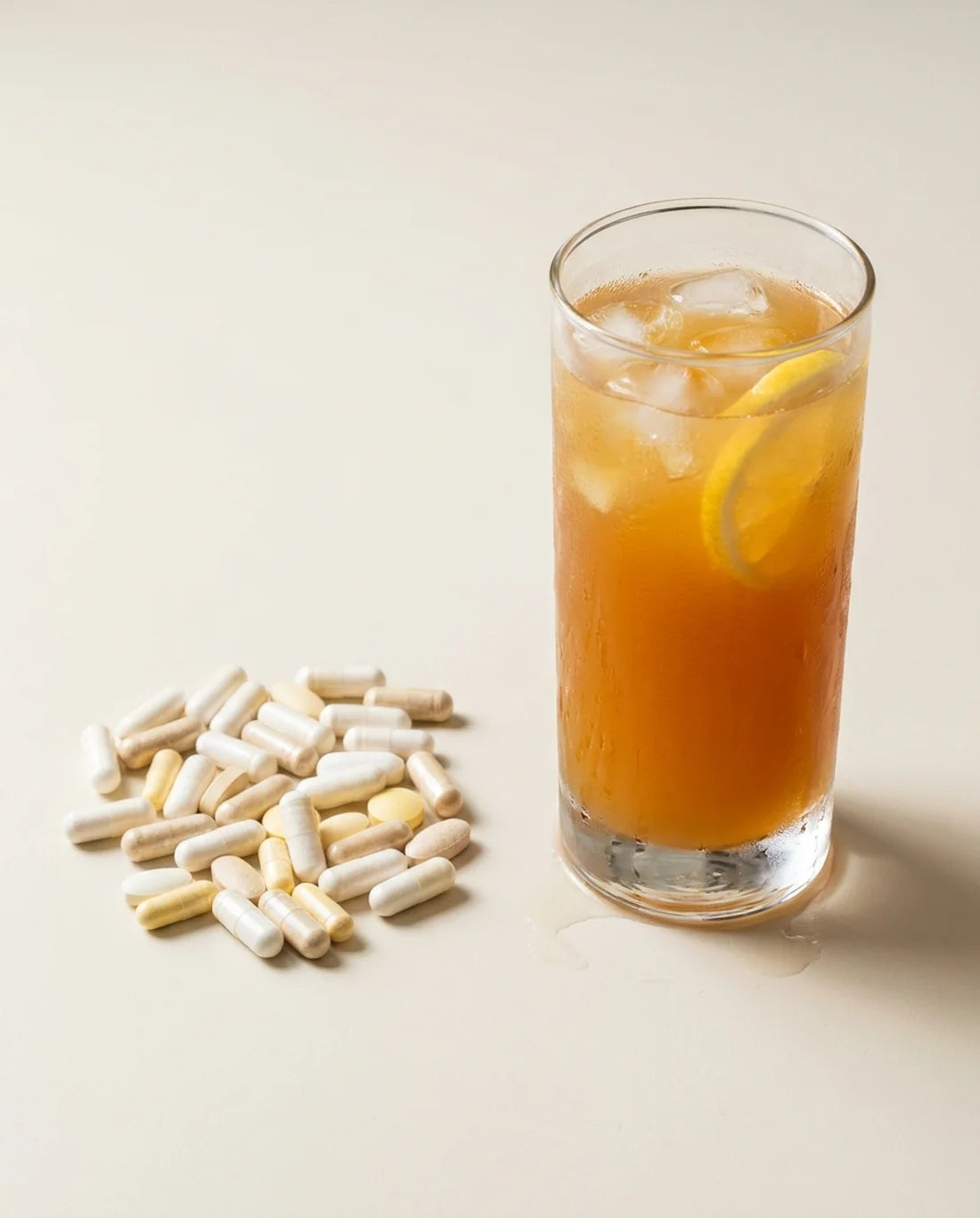 Ein Haufen einzelner Kapseln links, daneben ein grosses Glas EVERTY ONE mit Eis und Zitrone